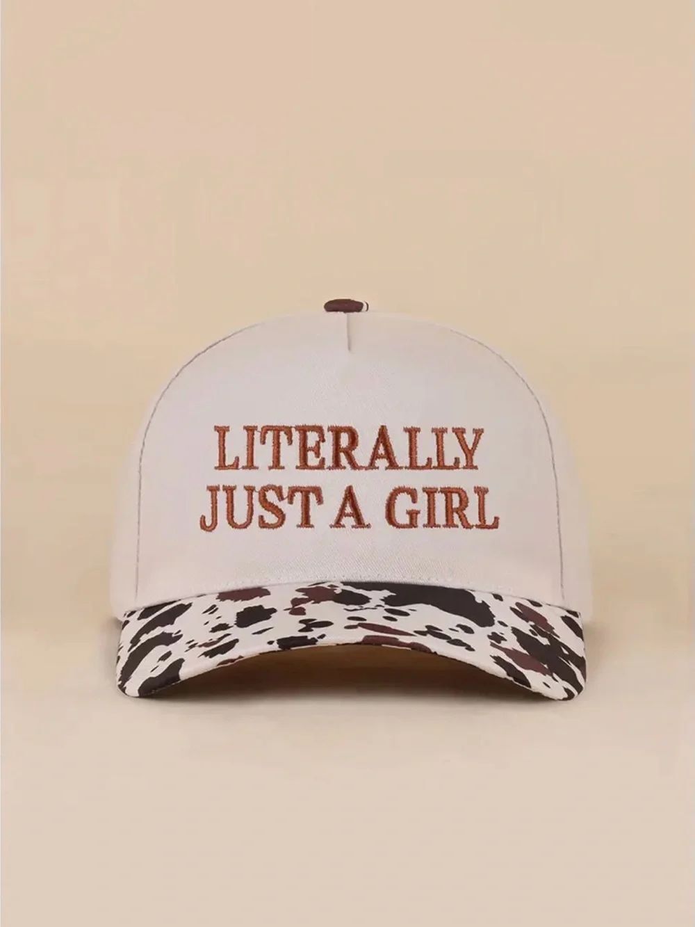 “Literally Just A Girl” Cream Baseball Cap with Cow Print Brim